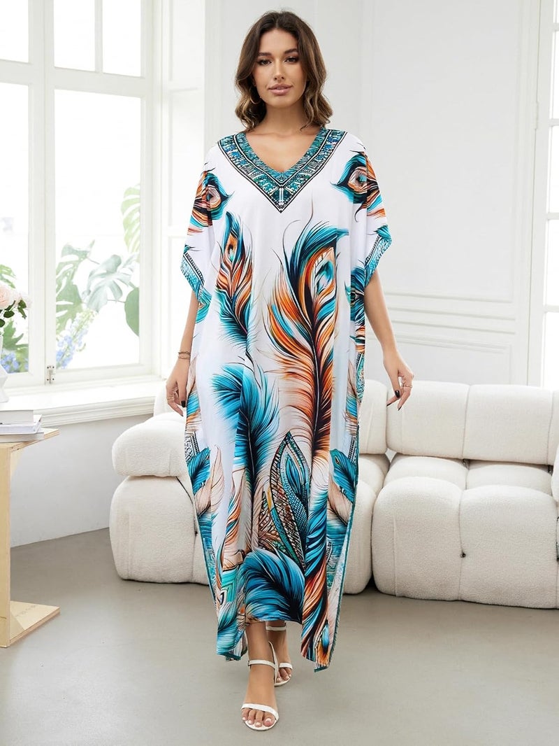 IMAGEKOPE Women's Plus Size Loose Fit Moroccan Print V-Neck Batwing Kaftan Beach Dress Bathing Suit Cover Up - Image 1